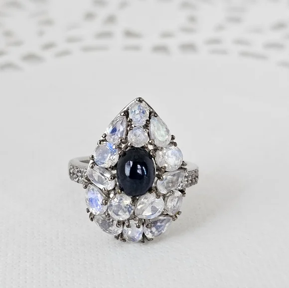 Natural Blue Star Sapphire & Moonstone Ring Platinum Sterling Silver Sz 8! - Picture 2 of 7